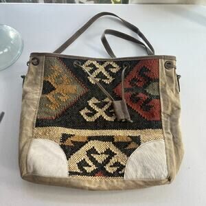 OHLAY Bucket Bag Milano Espec Drawstring Hair-On Genuine Leather Aztec Rug Woven